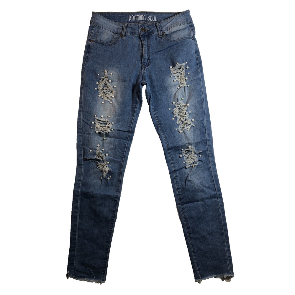 Roaming Soul Jeans Juniors Size 5 Denim Skinny Distressed Pearls Raw Hem Women's